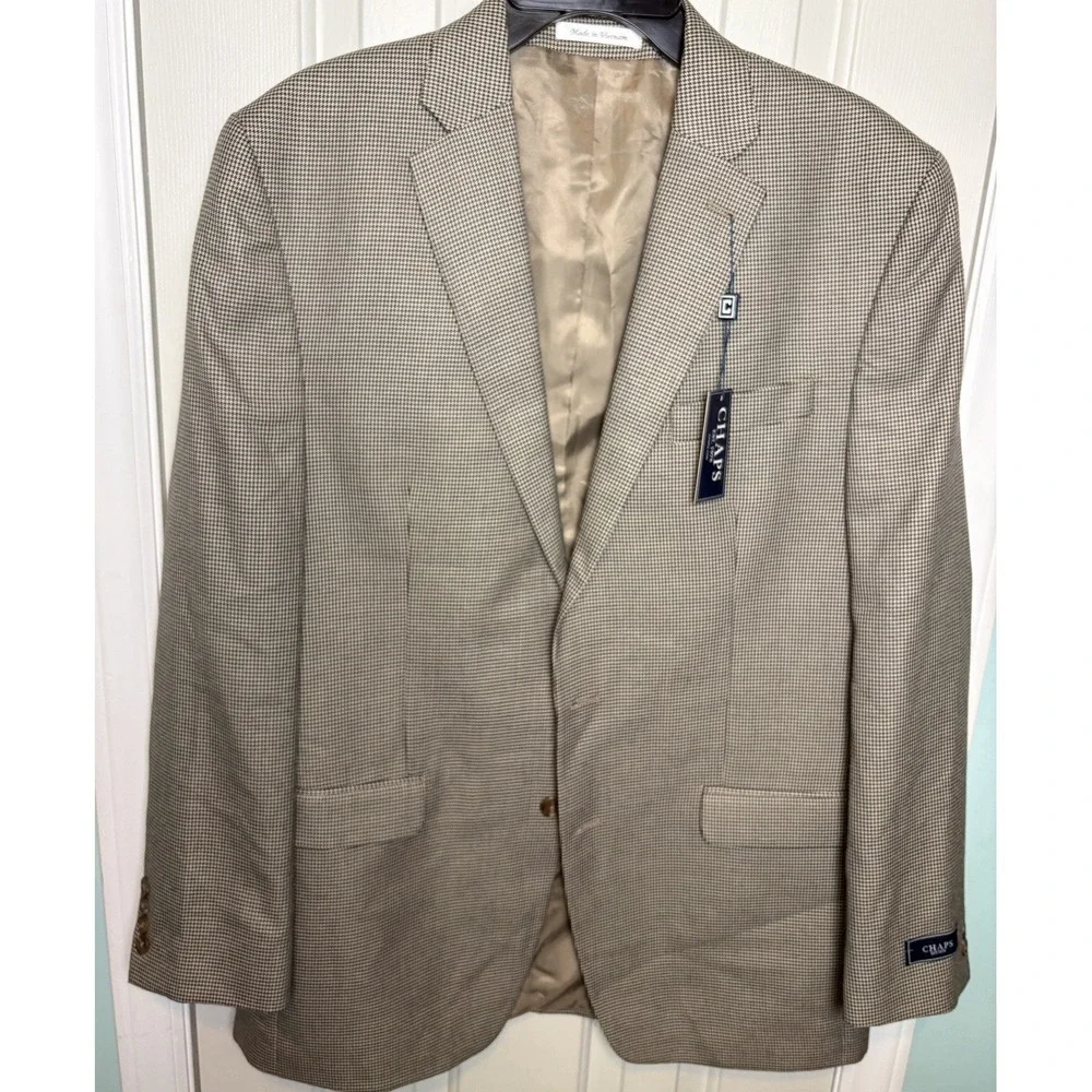 Chaps Mens 42L White/Grey Houndstooth Sport Coat Blazer 2 Button Classic Fit NWT